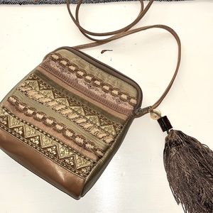 Sharif metallic leather and tapestry crossbody shoulder bag